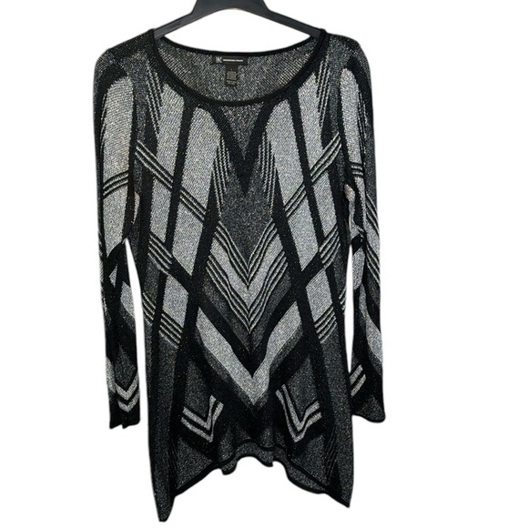 INC Black Silver Shark Bite Tunic Knit Sweater Geometric Print Holiday Large - Picture 1 of 12